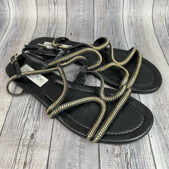 Jimmy Choo NICKEL FLAT Black Chain Sandals Women’s Sz 8.5 (EU 38.5)